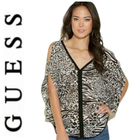 Guess Cold Shoulder Slit Arm Black White Zebra Animal Print V Neck Tunic Blouse - Picture 1 of 7